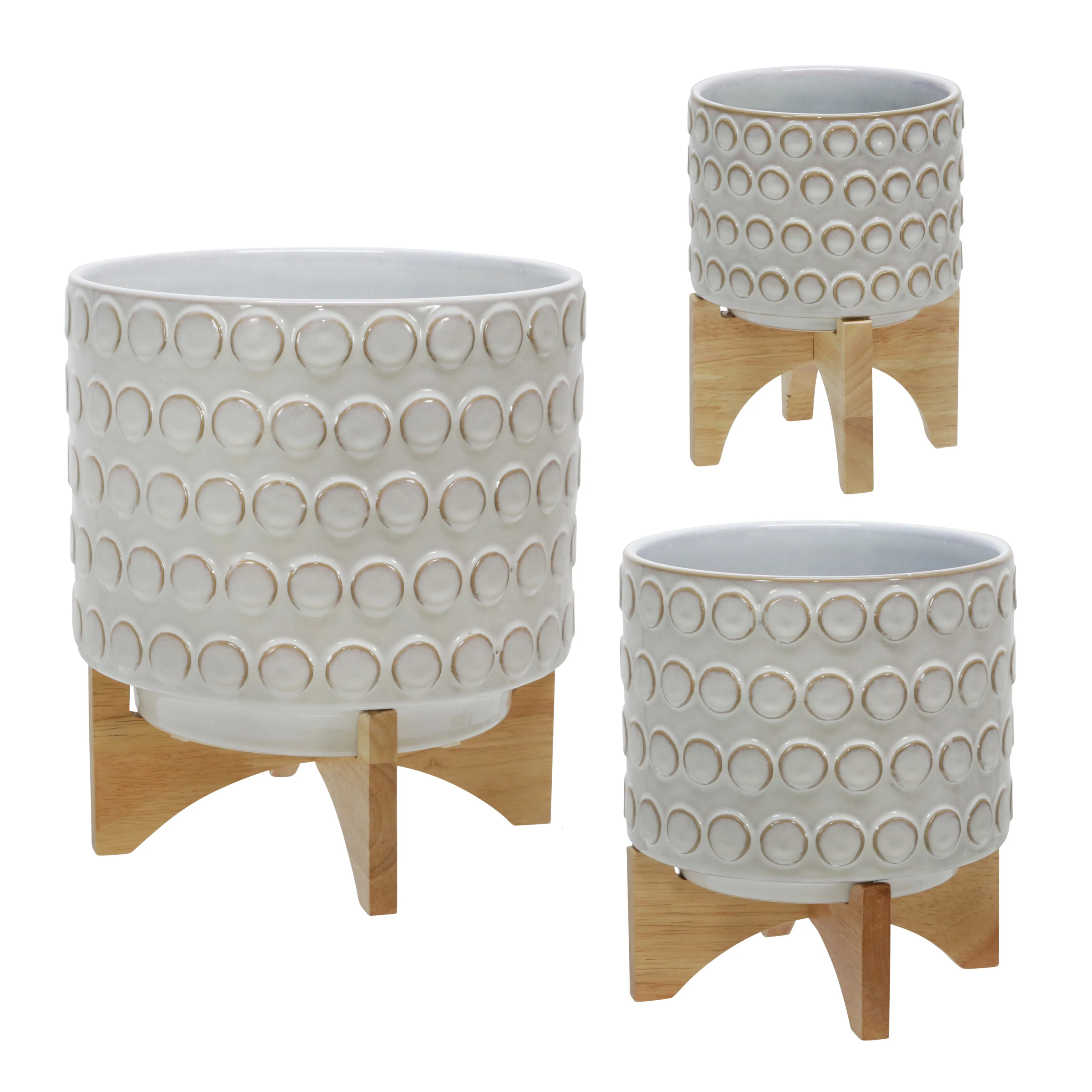 Ceramic 11" Planter On Wooden Stand, Ivory